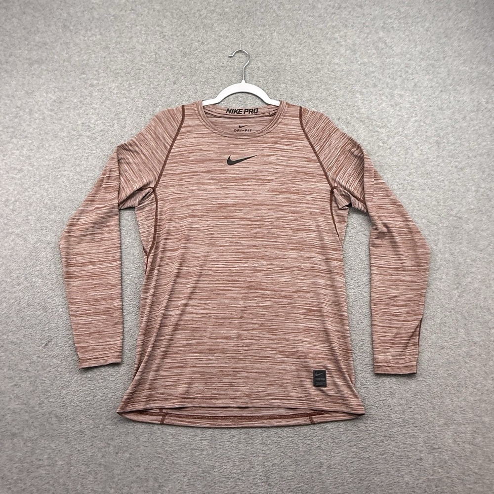 Nike  Shirt Mens Large Red Pro Heather Center Swoosh Fitted Lifting Fitness Warm